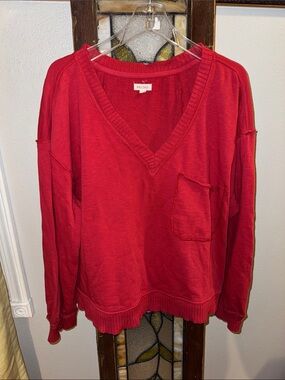 Pilcro Montana Red V-Neck Pocket Pullover